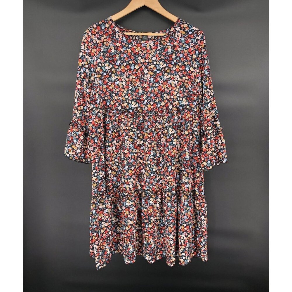 Emery Rose Floral Tiered Prairie Midi Dress L 3/4 Sleeves Cottagecore Ditzy